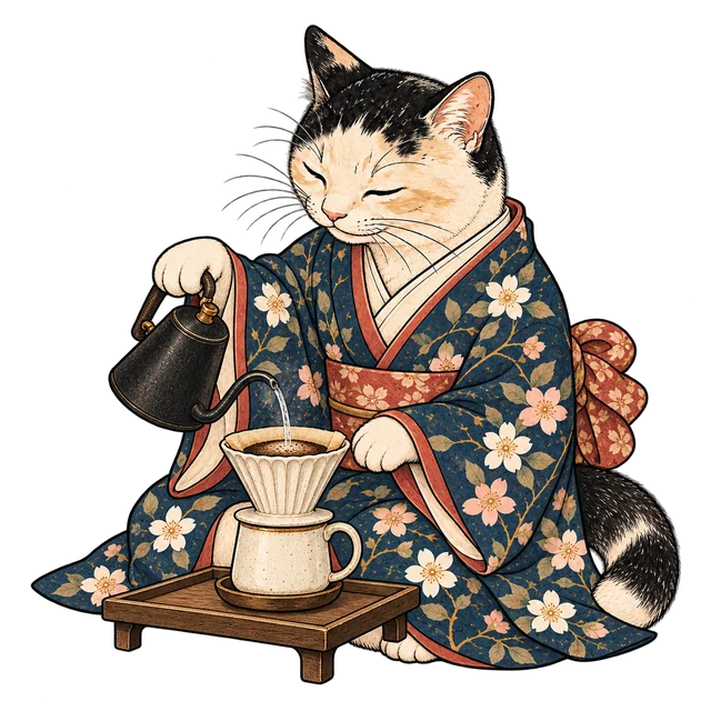 穿和服品咖啡的貓